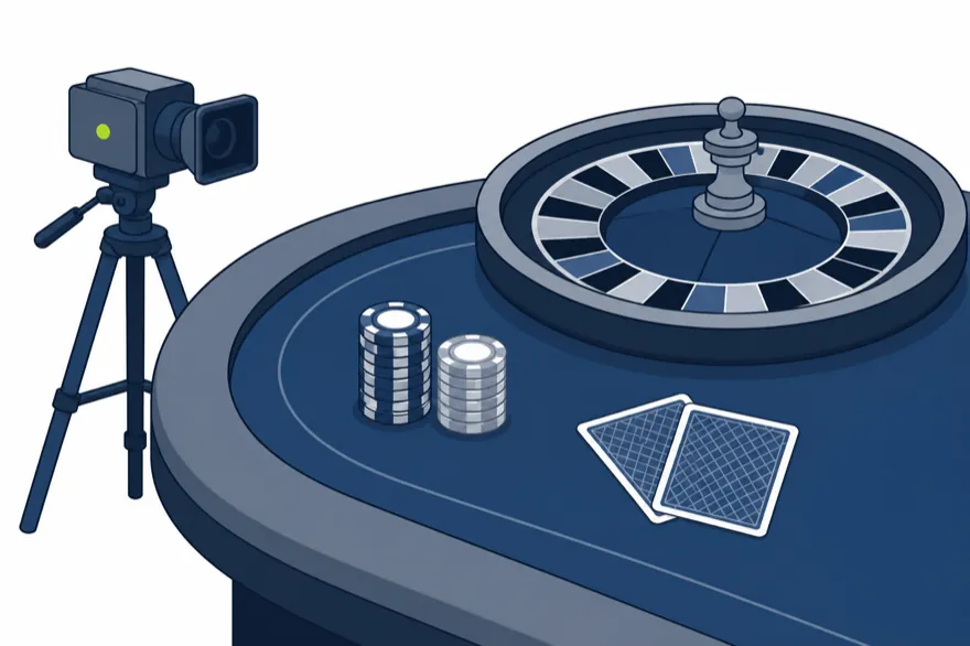 Illustration of a live casino table with a roulette wheel, chip stacks, playing cards and a studio camera