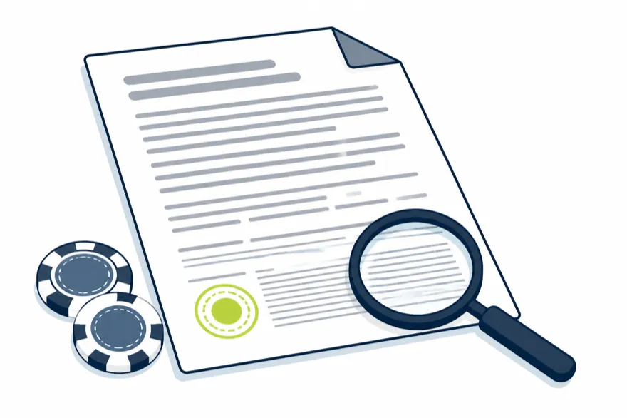 Illustration of a terms document under a magnifying glass beside two casino chips